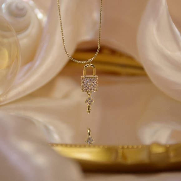 NEW 14K Gold Plated Diamond Lock Key Necklace - Picture 6 of 14